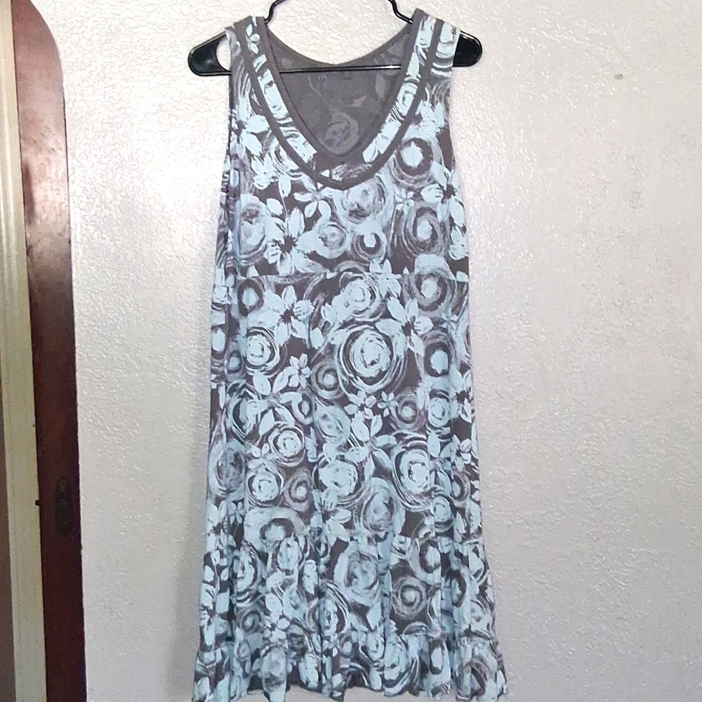FRESH PRODUCE Sleeveless Gray Blue Floral Midi 100% Cotton Summer Beach M